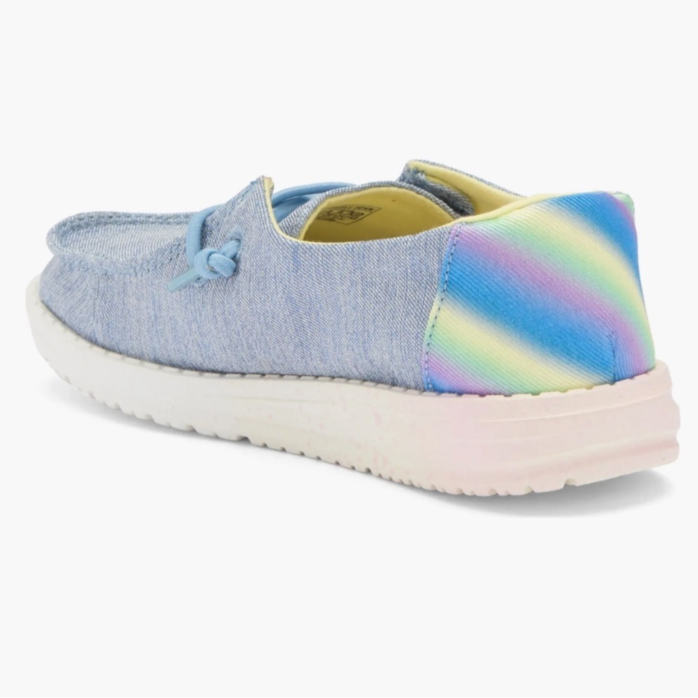 Hey Dude Kids Wendy Moc Toe Sneaker Light Blue Sparkle Denim Shoes size Y5 Youth - Picture 2 of 9